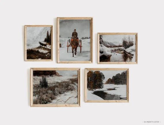 Vintage Winter Set of 5 Prints | Moody Winter Wall Art | Vintage Winter Holiday Art | Country Hol... | Etsy (US)