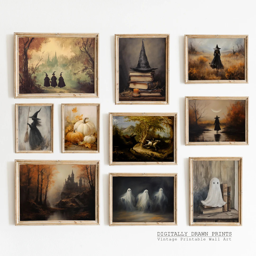SET of 10 Halloween Printable Art, Spooky Gallery Wall Art Print, Autumn Wall Art, Vintage Hallow... | Etsy (US)