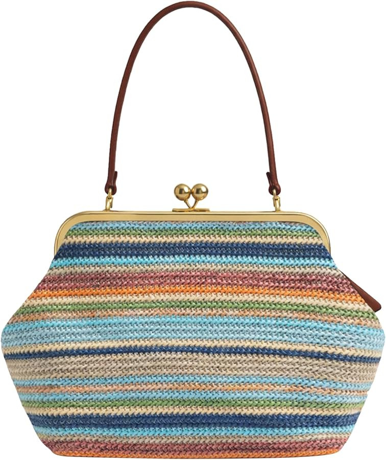 Woven Straw Tote Bag for Women, Summer Beach Kiss Lock Bag, Large Capacity Rainbow Striped Handba... | Amazon (US)