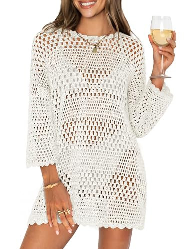 ANRABESS Women 3/4 Sleeve Swimsuit Cover Up 2026 Summer Beach Vacation Clothes Crochet Knit Bathing Suit Swimwear Mini Dress Cream White Large | Amazon (US)
