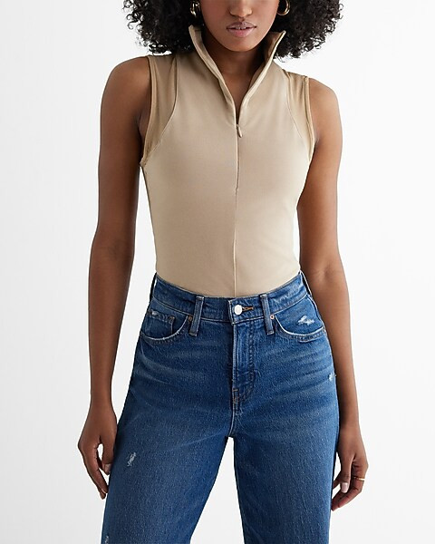 Body Contour Stretch Cotton Mesh Quarter Zip Bodysuit | Express