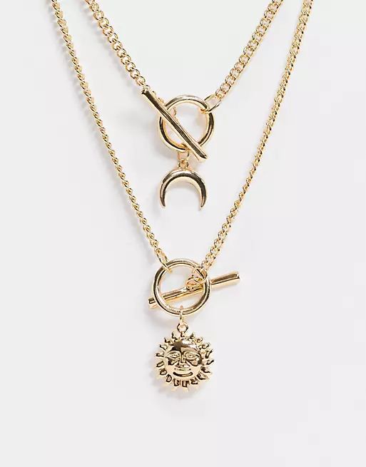 ASOS DESIGN necklace with T-bar and sun and moon in gold tone | ASOS (Global)