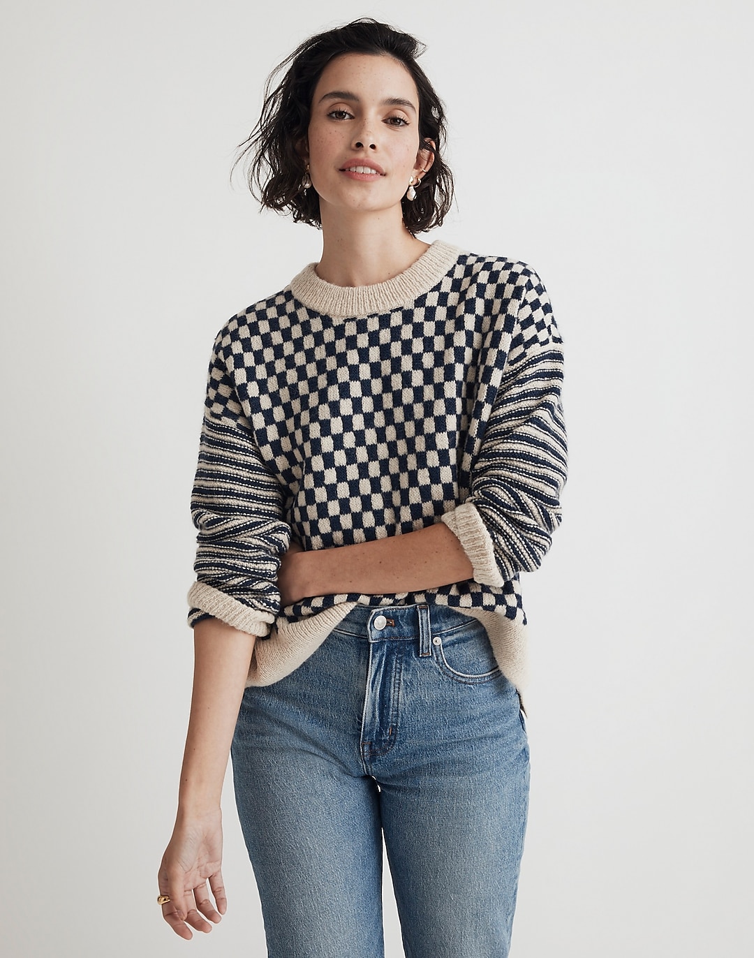 Crewneck Sweater in Checked Stripe | Madewell