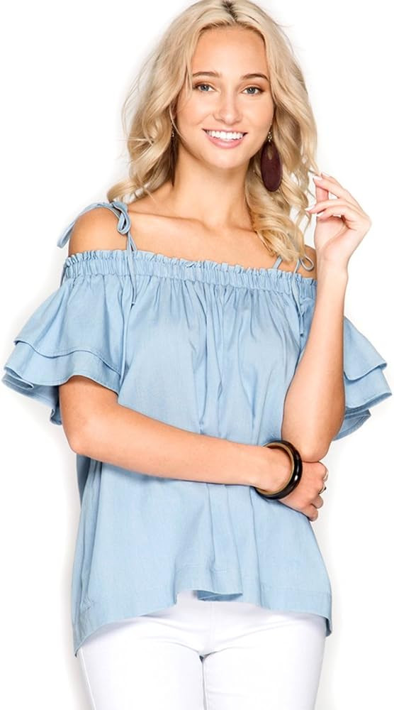 She + Sky Chambray Blue Short Sleeve Off Shoulder Ruffles Top w/Ties, Medium | Amazon (US)