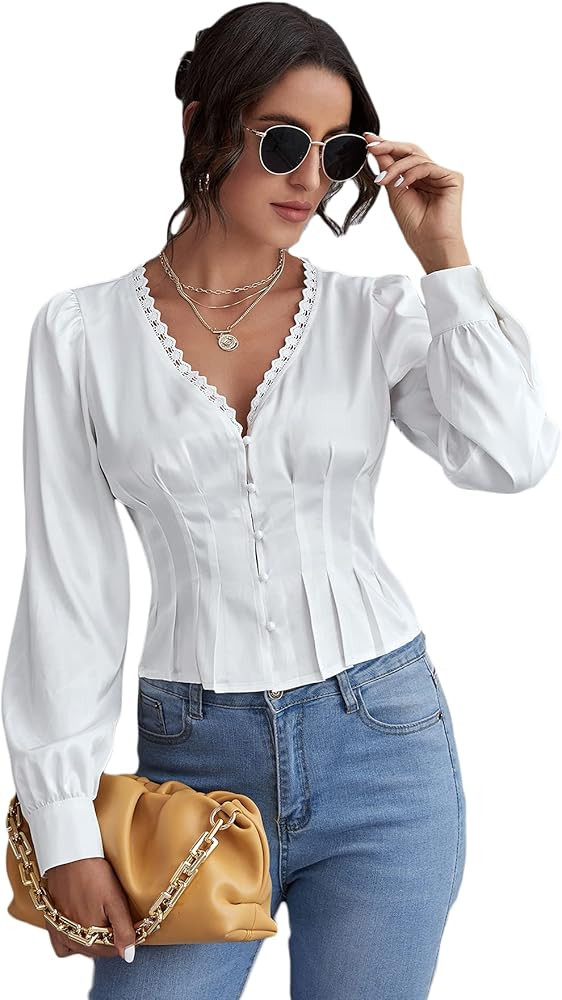 WDIRARA Women's Lace Trim V Neck Button Front Pleated Blouse Long Sleeve Shirt | Amazon (US)