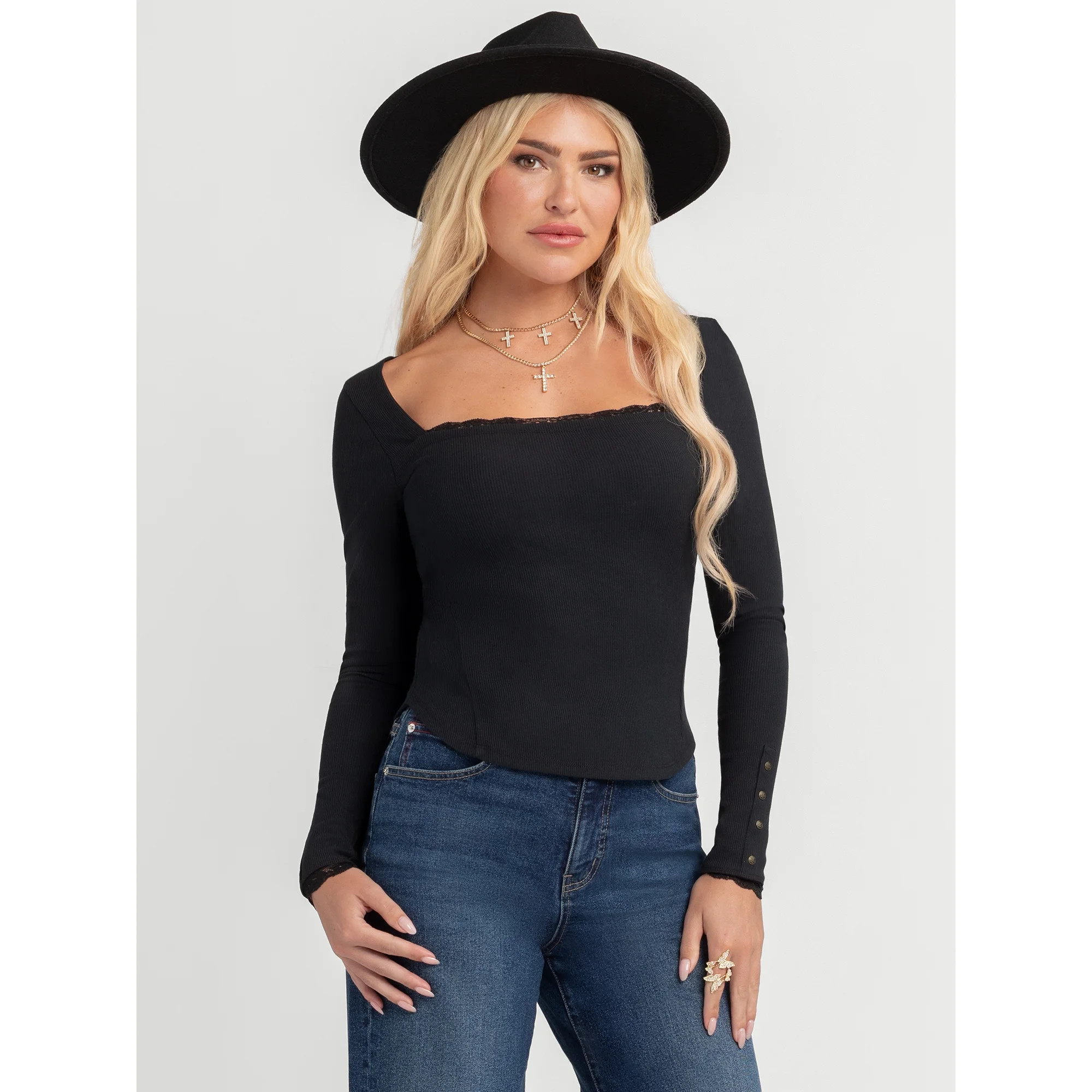 Jessica Simpson Women's and Women's Plus Aleera Ribbed Knit Top with Lace Trim, Sizes XS-4X | Walmart (US)