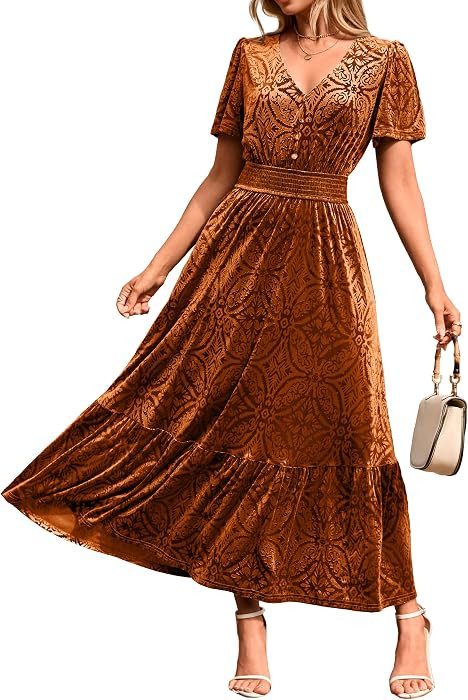 Simplee Womens Fall Velvet Dress Short Sleeve V Neck Floral Maxi Dress Long Formal Winter Wedding... | Amazon (US)