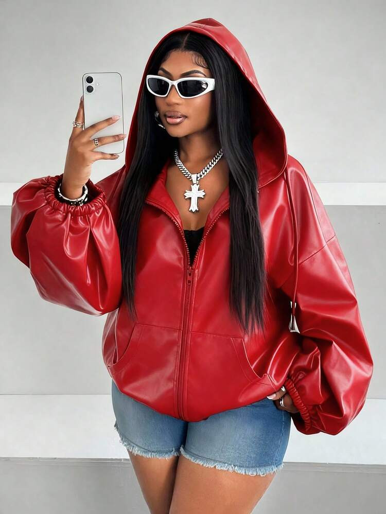 Kunstleder Jacke rot | SHEIN