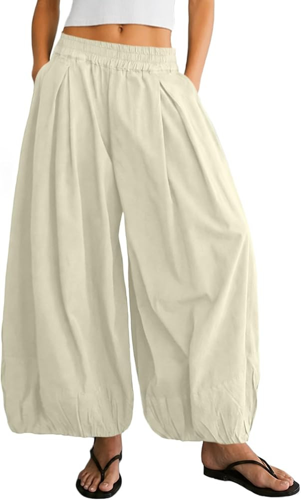 Womens Balloon Pants Wide Leg Barrel Pants Baggy Trousers Elastic Waist Casual Lounge Travel Pant... | Amazon (US)