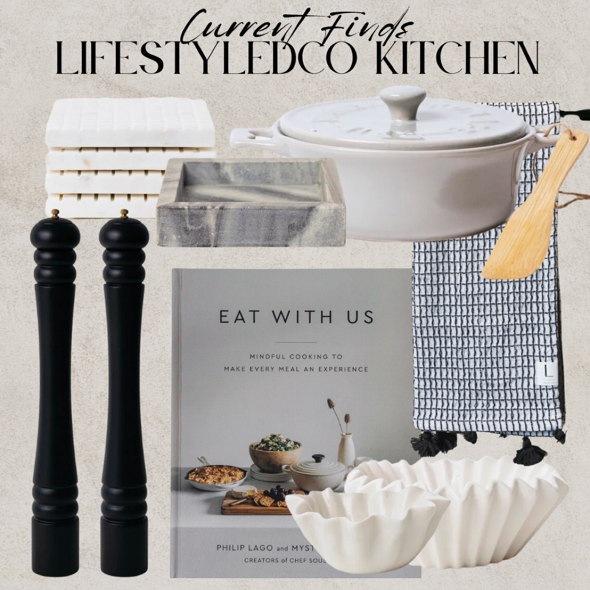 Kitchen finds from The Lifestyledco. Tall black salt and pepper mill, organic modern, ruffle bowl, scalloped bowl, fluted bowl, checkered marble coasters, taupe Dutch oven, gray Dutch oven, waffle knit dish towel, waffle tea towel, eat with us book, coffee table book, cookbook, marble napkin holder 

#LTKSeasonal #LTKHoliday #LTKhome