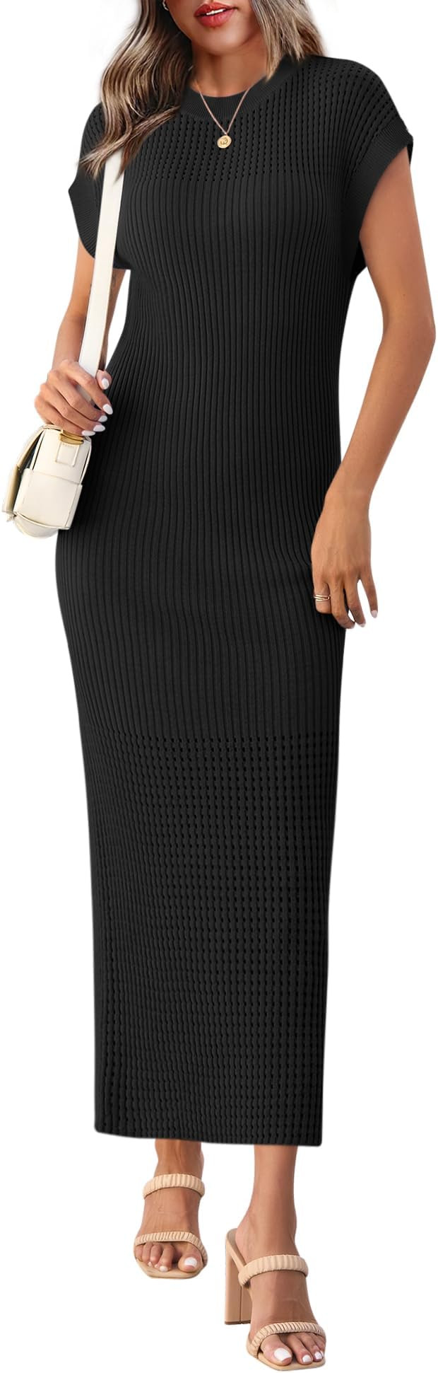 Yousify Womens Ribbed Knit Dress 2025 Trendy Casual Cap Sleeve Crewneck Maxi Dresses S-XXL | Amazon (US)