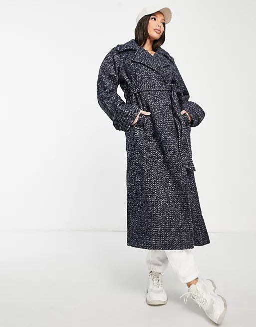 ASOS DESIGN Tall hero double breasted coat in navy herringbone | ASOS (Global)