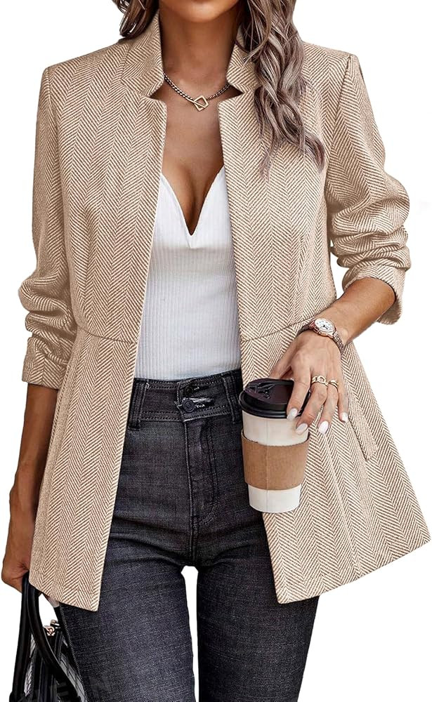 ELLEVEN Women’s Open Front Herringbone Blazer-Business Casual Long Sleeve Work Jacket with Full... | Amazon (US)