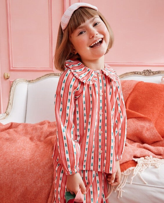Girls' Tree Ribbons On Pink Holiday Flannel Ruffle Pajama Set in 100% Recycled Polyester - Size Little Kids 5 by Hanna Andersson | Hanna Andersson