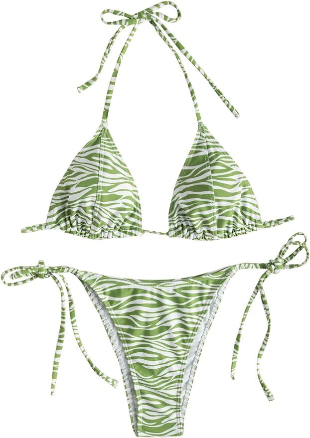Romwe Women's Triangle Halter Bikini Swimsuit Tie Side String Bathing Suit | Amazon (US)