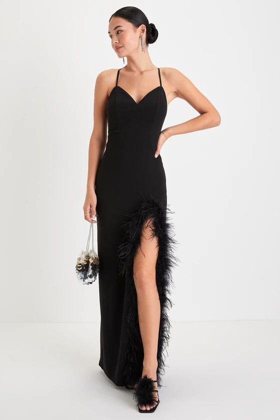 Remarkable Muse Black Feather Backless Maxi Dress | Lulus