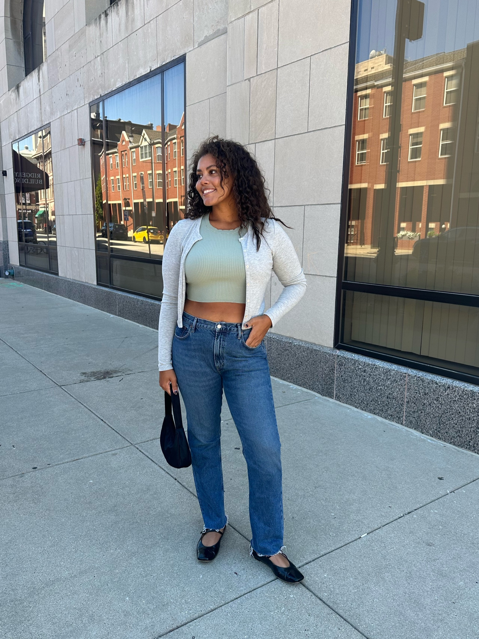 Dark wash straight leg jeans with a sage sweater tank and Heather grey cardigan. Of course, paired with ballet flats! #chicfashion #fallfashion 

#LTKstyletip #LTKSeasonal