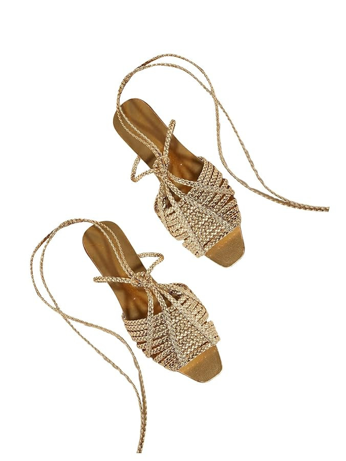 GORGLITTER Women's Summer Gold Flat Sandals 2025 Metallic Braided Lace Up Slide Strappy Square Op... | Amazon (US)