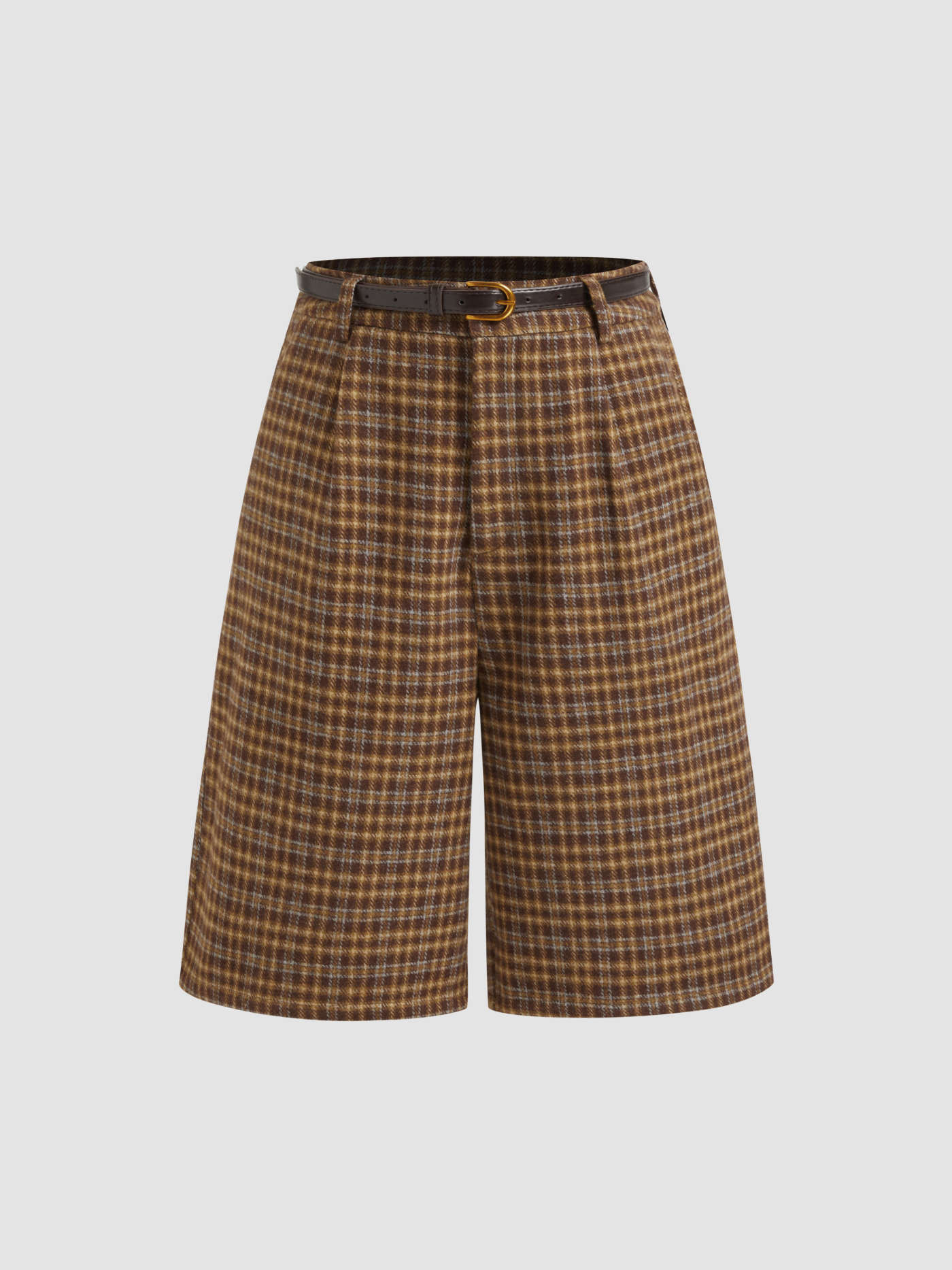 Wool-like fabrics Wool-look Mid Rise Check Bermuda Shorts With Belt For School | Cider