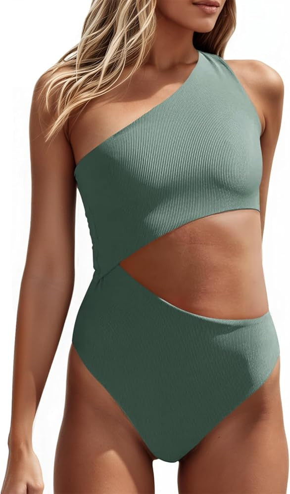 Women's One Piece Ribbed Swimsuit One Shoulder Cutout Swimwear Sexy Bathing Suit | Amazon (US)