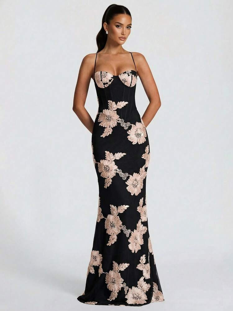 Floral Embroidered Elegant Sexy Backless Camisole Dress, Suitable For Evening Dates, Anniversary, Graduation Parties, Formal Dinners | SHEIN