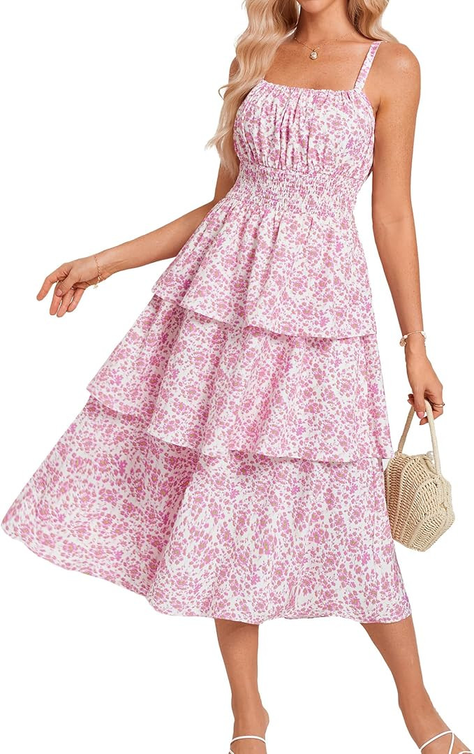 GRACE KARIN Women Summer Maxi Dress Floral Sleeveless Smocked Tiered Ruffle Spaghetti Strap Boho ... | Amazon (US)