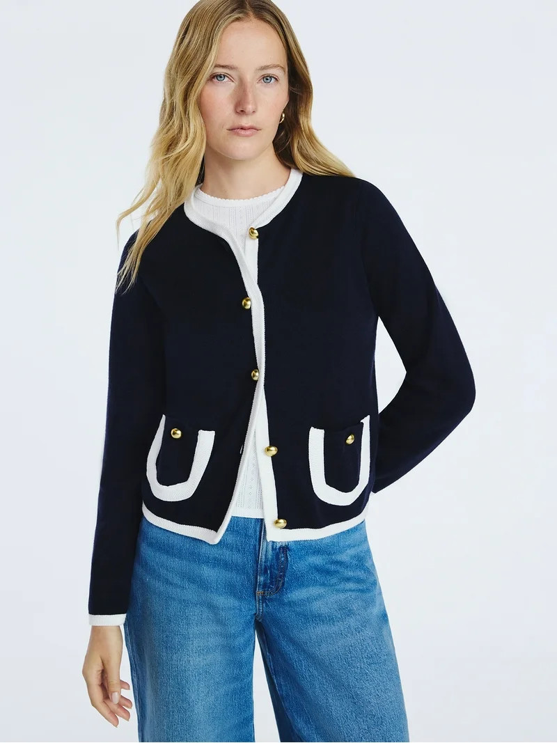 Free Assembly Women's Tipped Patch Pocket Cardigan Sweater, Lightweight, Sizes XS-XXL | Walmart (US)