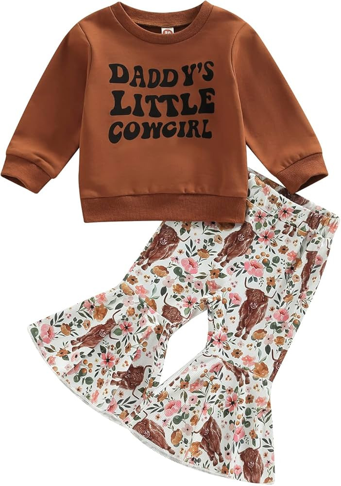 Toddler Baby Girl Western Outfit Letter Print Sweatshirt Top Cow Printed Flare Pants Set 2PCS Fal... | Amazon (US)