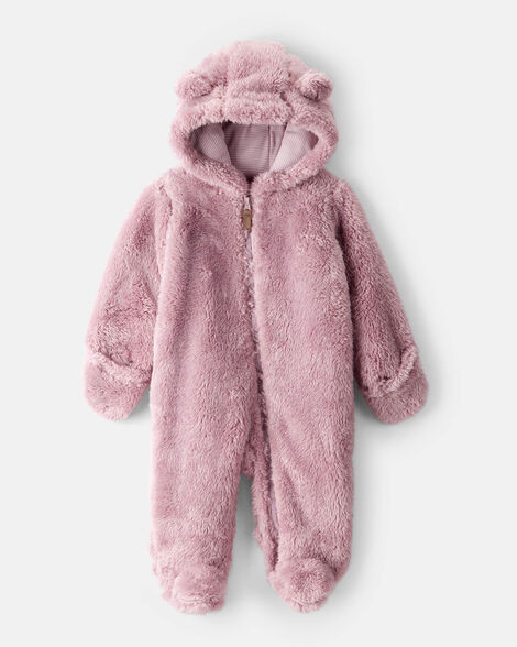 Baby Girl Sherpa Long-Sleeve Hooded Jumpsuit - Pink | Carter's Inc
