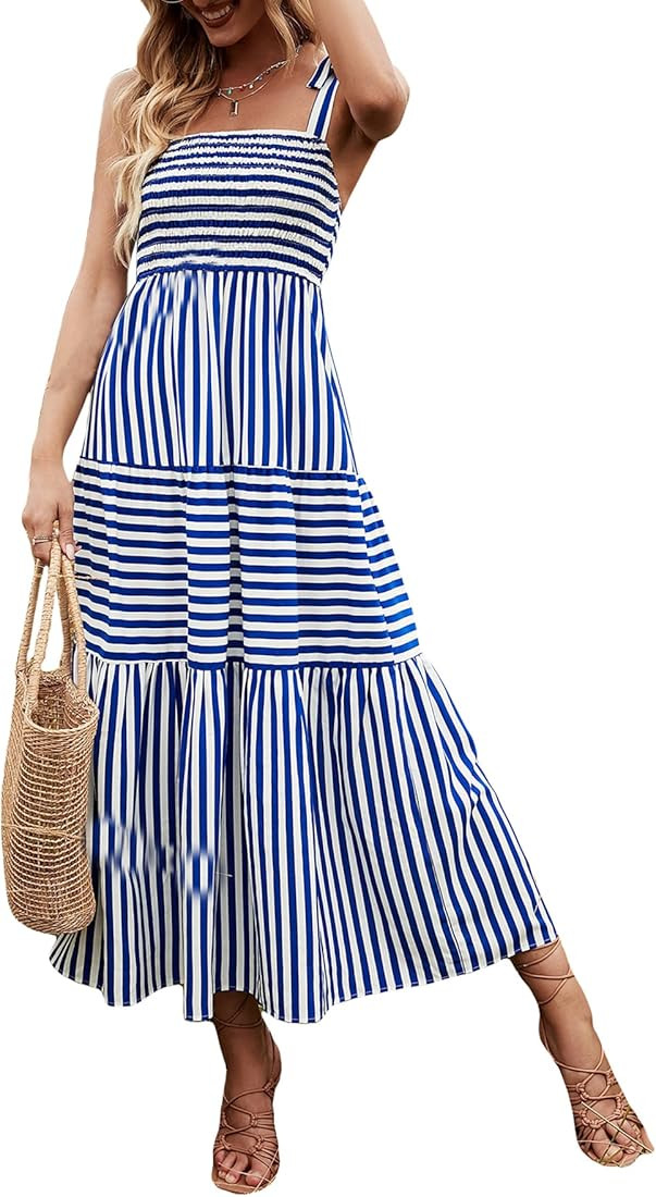 MakeMeChic Women's Striped Tie Shoulder Sleeveless A Line Ruffle Summer Long Dress | Amazon (US)