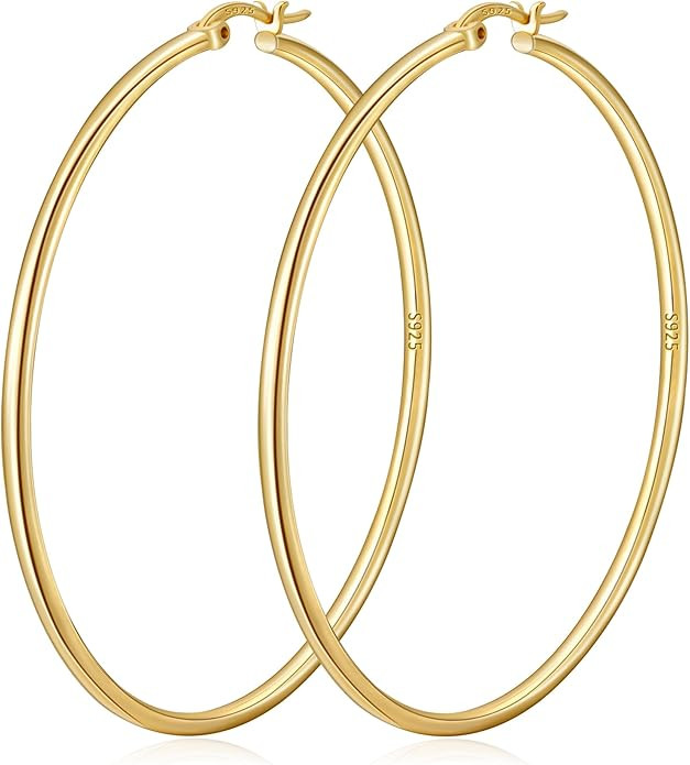 2mm Thin Large S925 Sterling Silver Hoop Earrings for Women Hypoallergenic Big Hoop Non Tarnish E... | Amazon (US)
