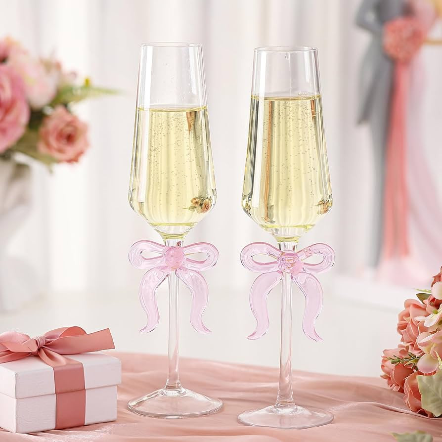 2 Pack Bow Wine Glasses Pink Bow Clear Champagne Glasses 7.5 oz Delicate and Elegant Pink Coupe D... | Amazon (US)