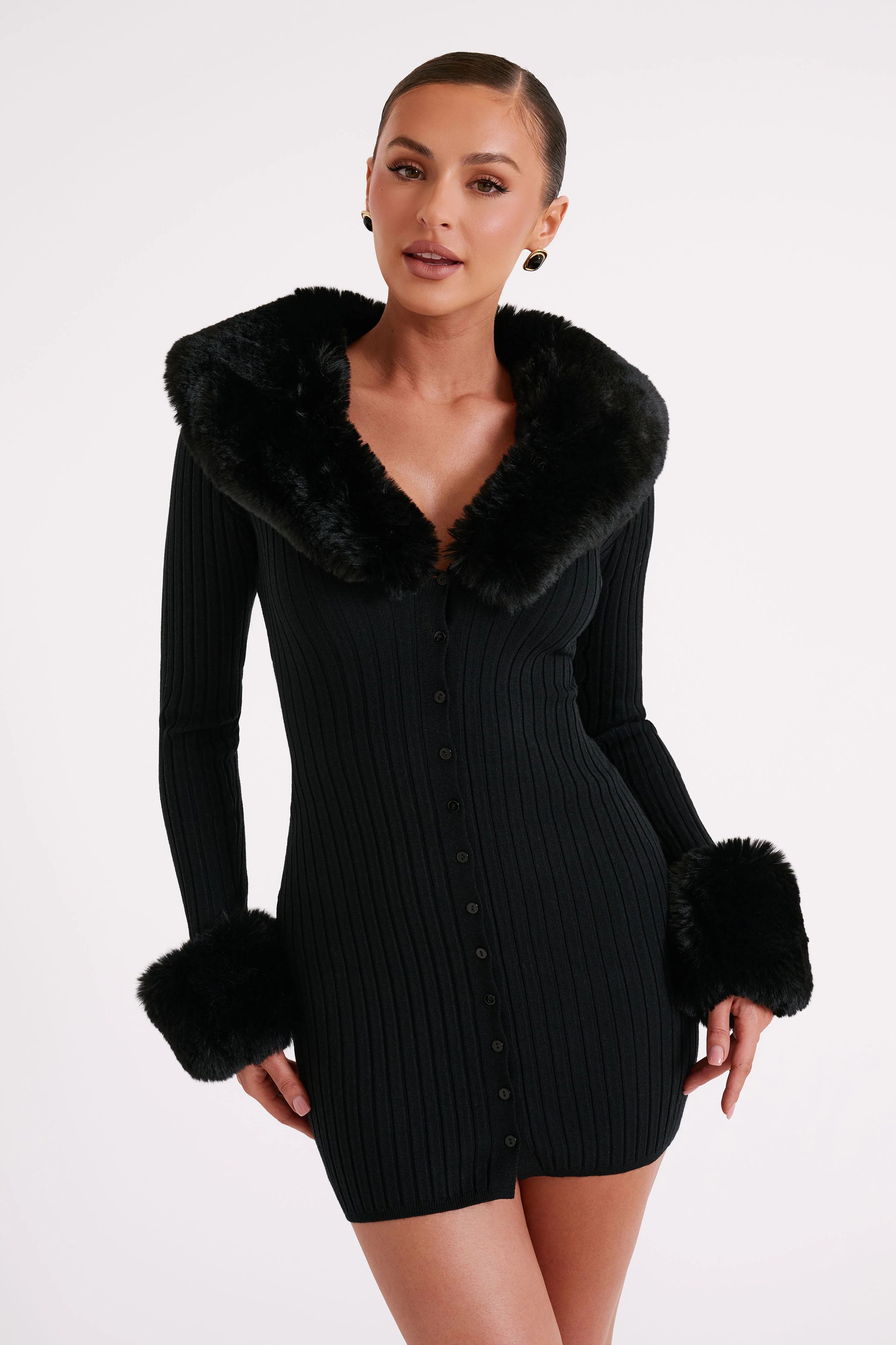 Aurora Fur Trim Knit Mini Dress - Black | MESHKI US