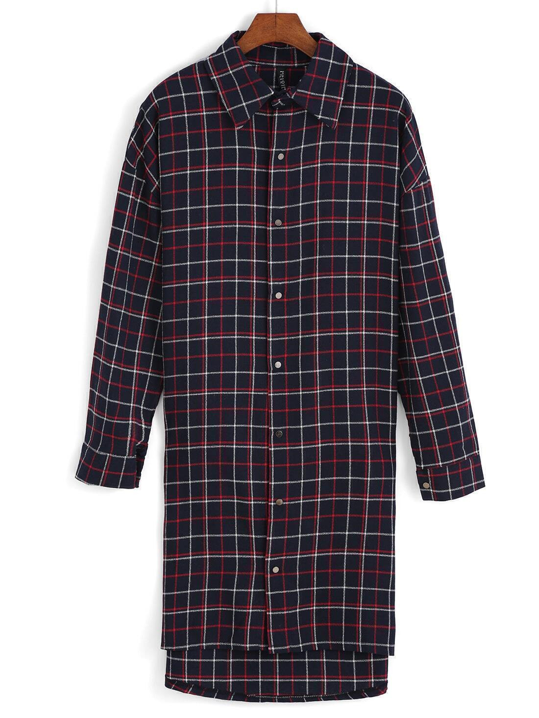 Lapel Dip Hem Plaid Red Shirt Dress | ROMWE