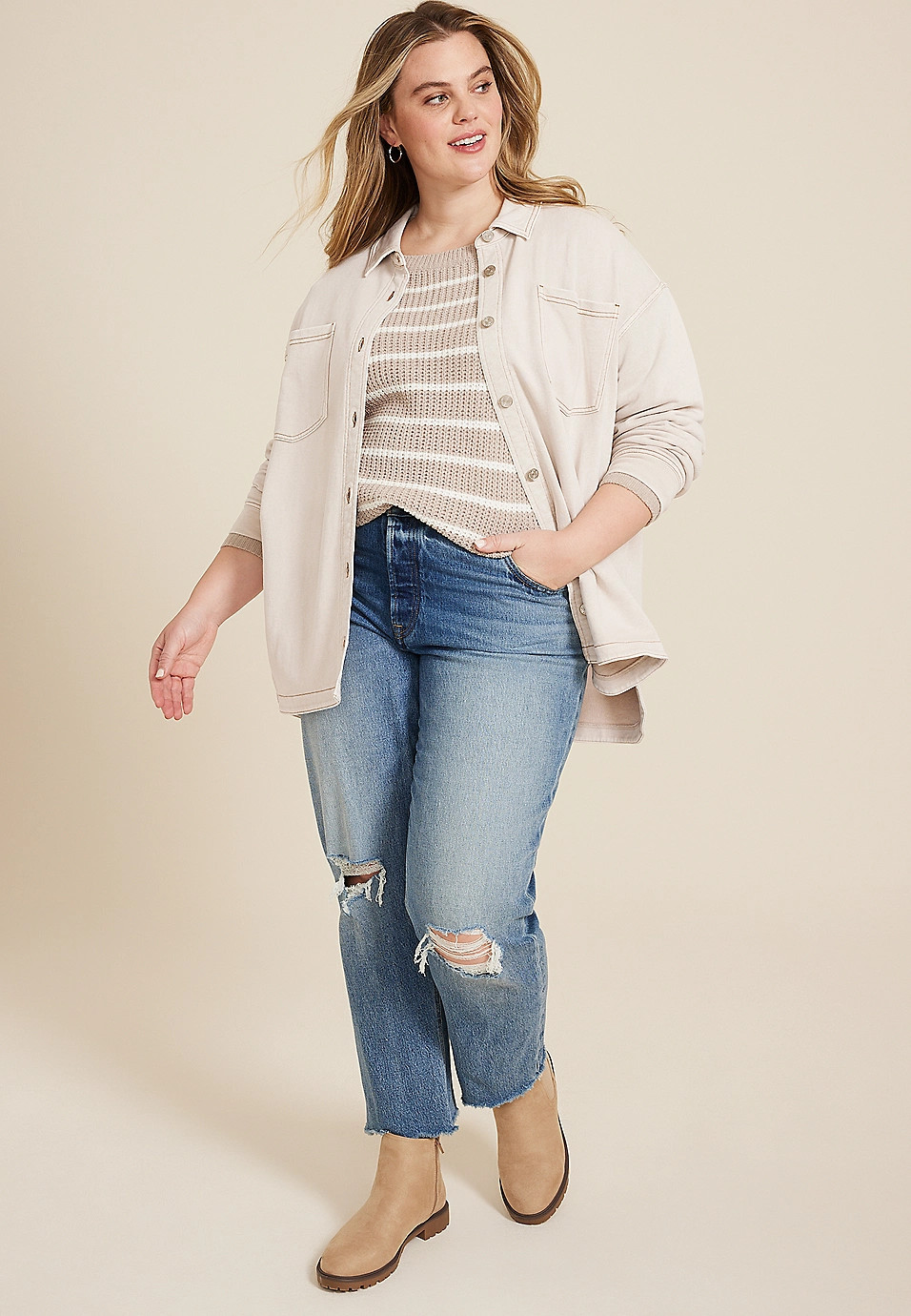Plus Size Washed Knit Denim Shacket | Maurices