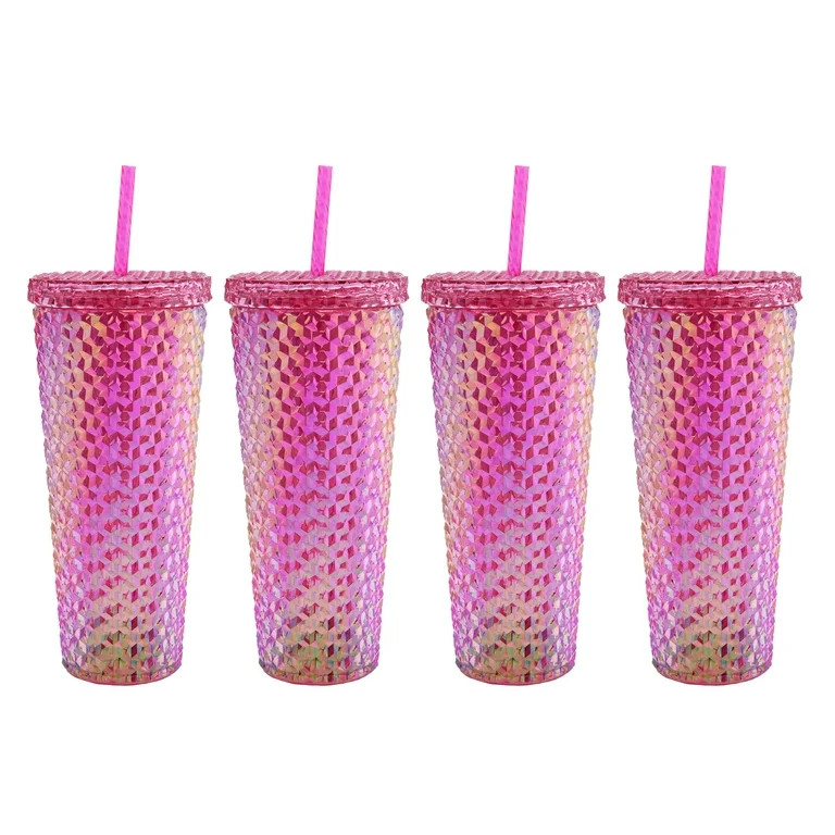 Mainstays 4-Pack 26-Ounce Textured Tumbler with Straw, Iridescent Pink - Walmart.com | Walmart (US)