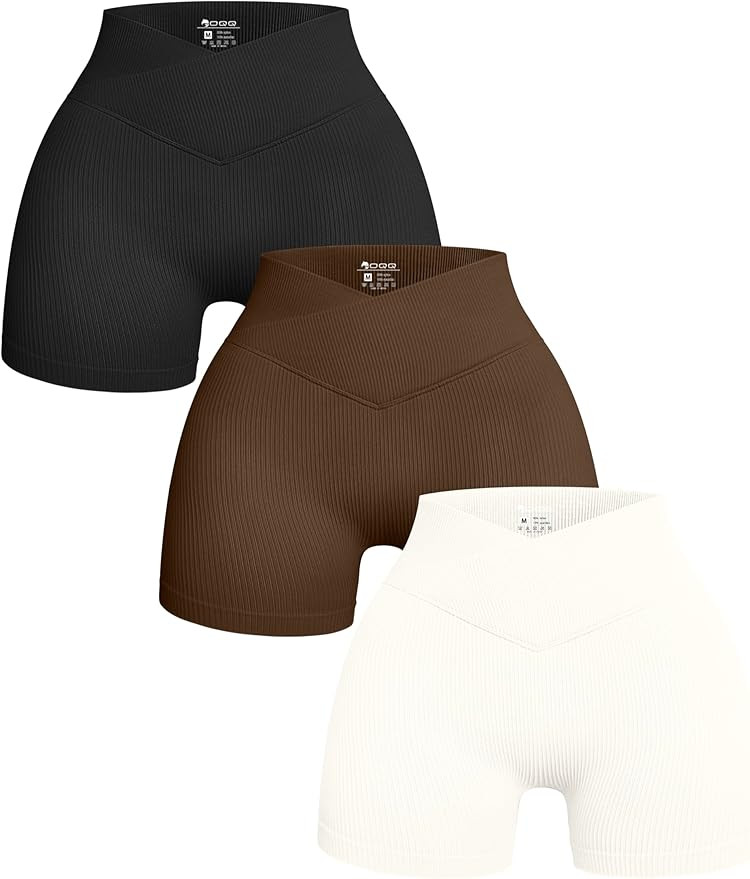 OQQ Women's 3 Piece Yoga Shorts Ribbed Seamless Workout High Waist Cross Over Athletic Leggings | Amazon (US)