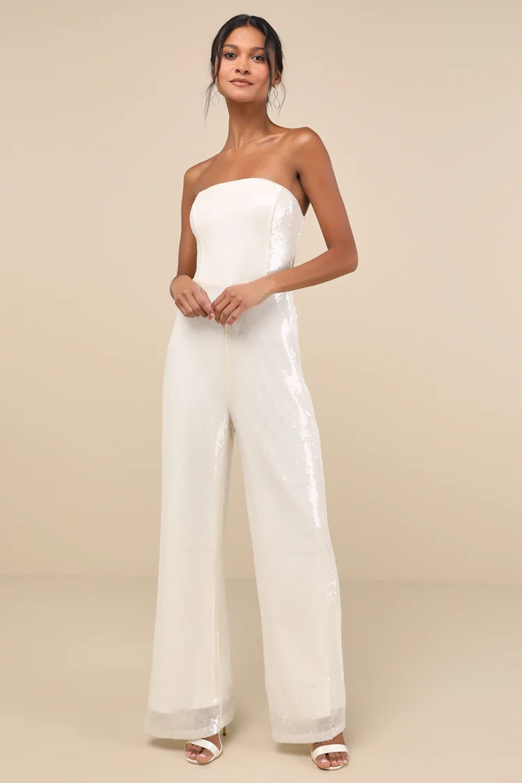 Cherelle Cream Sequin Strapless Jumpsuit | Lulus