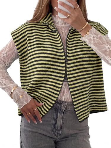Saodimallsu Women Striped Cardigan Sweater Vest Fall Zip Up Knit Summer Top | Cap Sleeve,Mock Nec... | Amazon (US)
