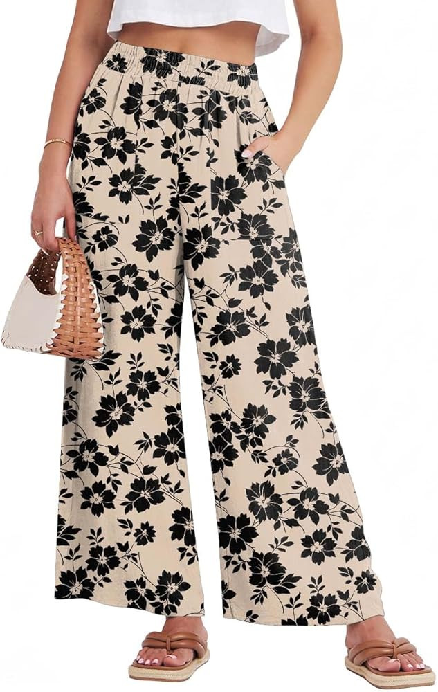 GRECERELLE Women Elastic High Waisted Wide Leg Pants Woman Casual Palazzo Trousers | Amazon (US)