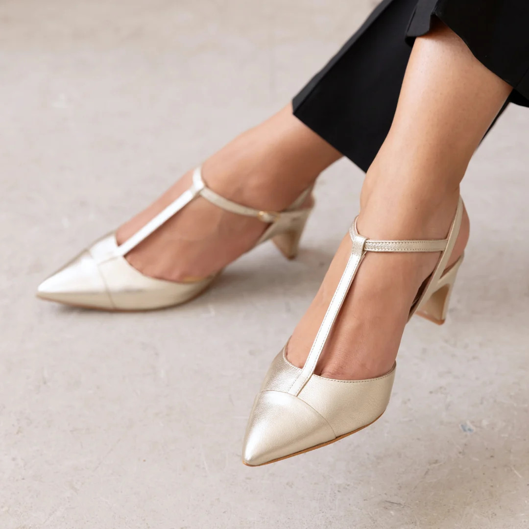 Ariel Pointed T-Bar Mid-Heel: Gold Leather | Air & Grace