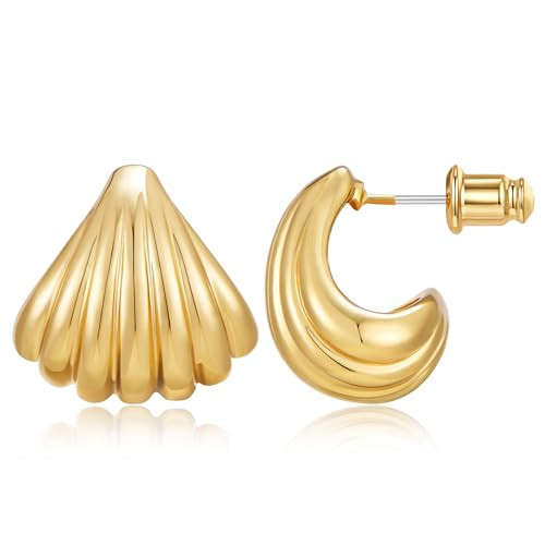 FAUTHENTICUTE Chunky Shell Hoop Earrings For Women Small Gold Seashell Teardrop Statement Earrings Gold Textured Dome Huggie Hoops Boho Beach Jewelry Gift | Amazon (US)