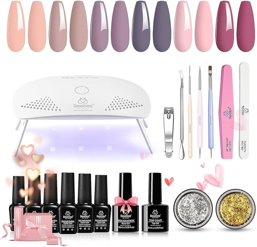 Beetles Gel Nail Polish Kit with U V Light, Gel Polish Starter Kit Soak Off Nude Gray Purple Mauv... | Amazon (US)