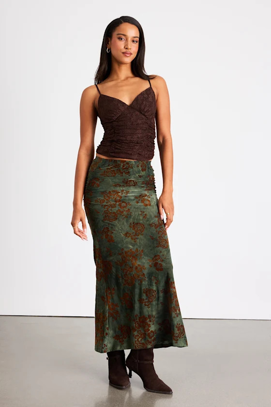 Milian Dark Green Burnout Velvet Ruched Mid-Rise Maxi Skirt | Lulus