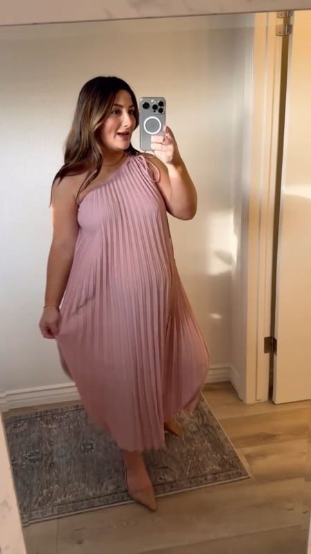 Found a stunning wedding guest dress or baby shower dress!! It is SO pretty, love how flowy it is!! 

Wearing a size small and fits perfectly in my third trimester and the length is perfect for petite!! 

Summer dress, wedding guest, maternity, baby shower, family photos, date night outfit, summer fashion, pleated dress, one shoulder dress, dress with bows 

#LTKFindsUnder100 #LTKParties #LTKWedding