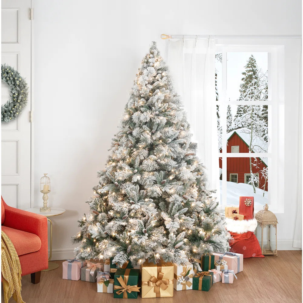 The Holiday Aisle® Traditional Snow Flocked Christmas Tree with Lights, Pine Christmas Tree Prel... | Wayfair North America