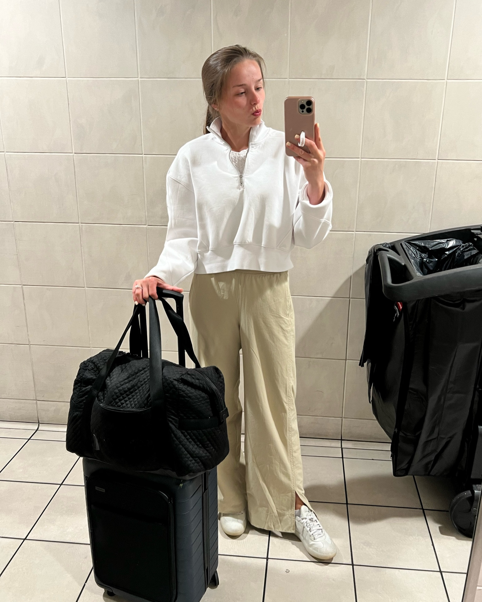 🗑️ not included. My go-to travel outfit because it’s so comfortable and easy to travel in. 
Size small in tshirt and medium in crewneck. Size small pants, size 1/2 size up in the sneakers 

#LTKFindsUnder50 #LTKTravel #LTKFindsUnder100