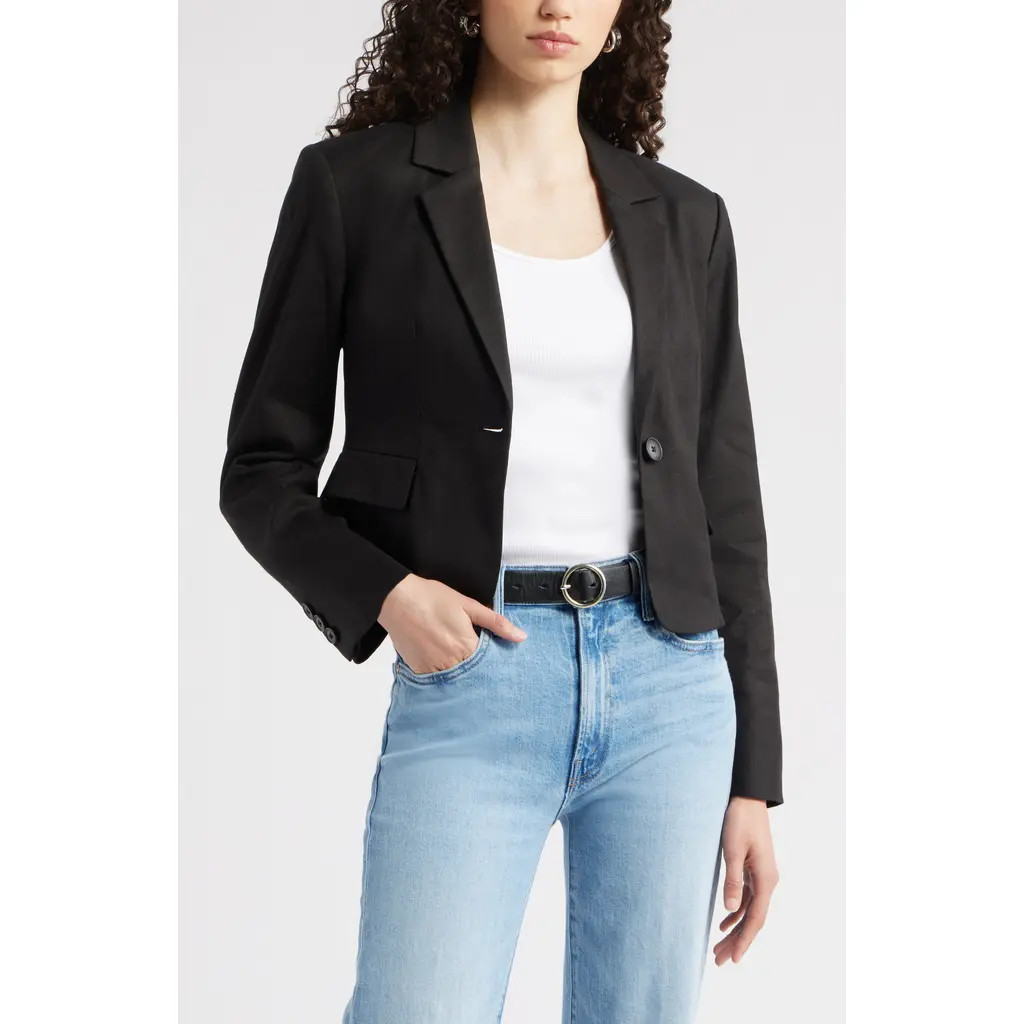 Nordstrom Crop One-Button Linen Blend Blazer in Black at Nordstrom Rack, Size Large | Nordstrom Rack