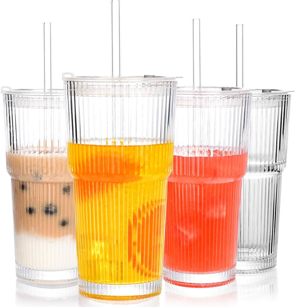 20 oz Tumblers with Lids and Straws, Ribbed Glass Set of 4-Clear Ice Coffee Cups Ideal for Smooth... | Amazon (US)