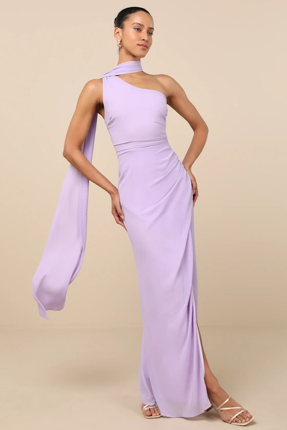 Adeline Lavender One-Shoulder Scarf Maxi Dress | Lulus